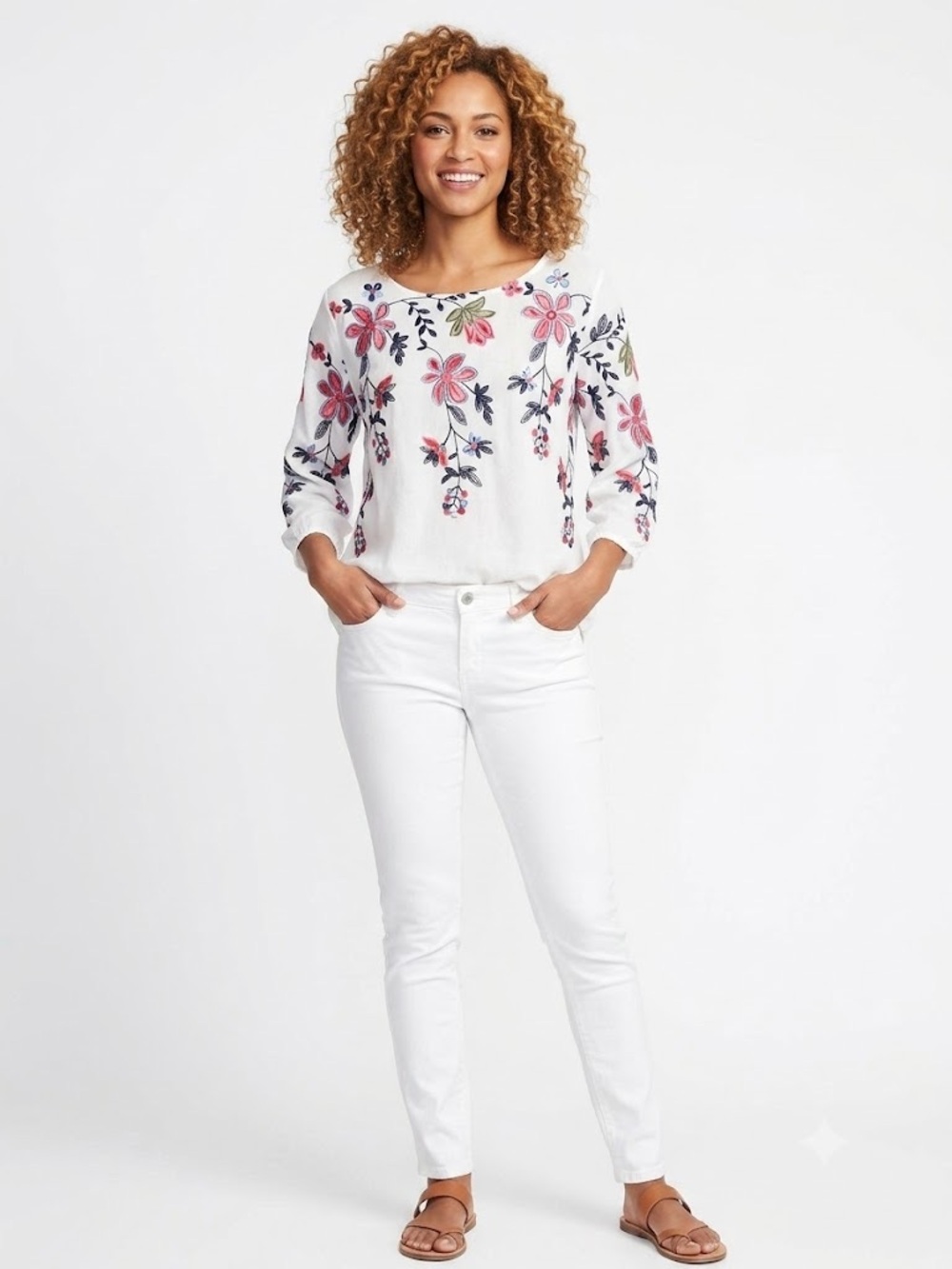 Ana & Rose Floral Embroidered Boho Blouse - White - Size Large
